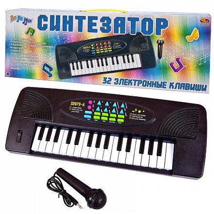 Синтезатор черный 32 клавиши, с микрофоном, электро механический, работает от батареек 